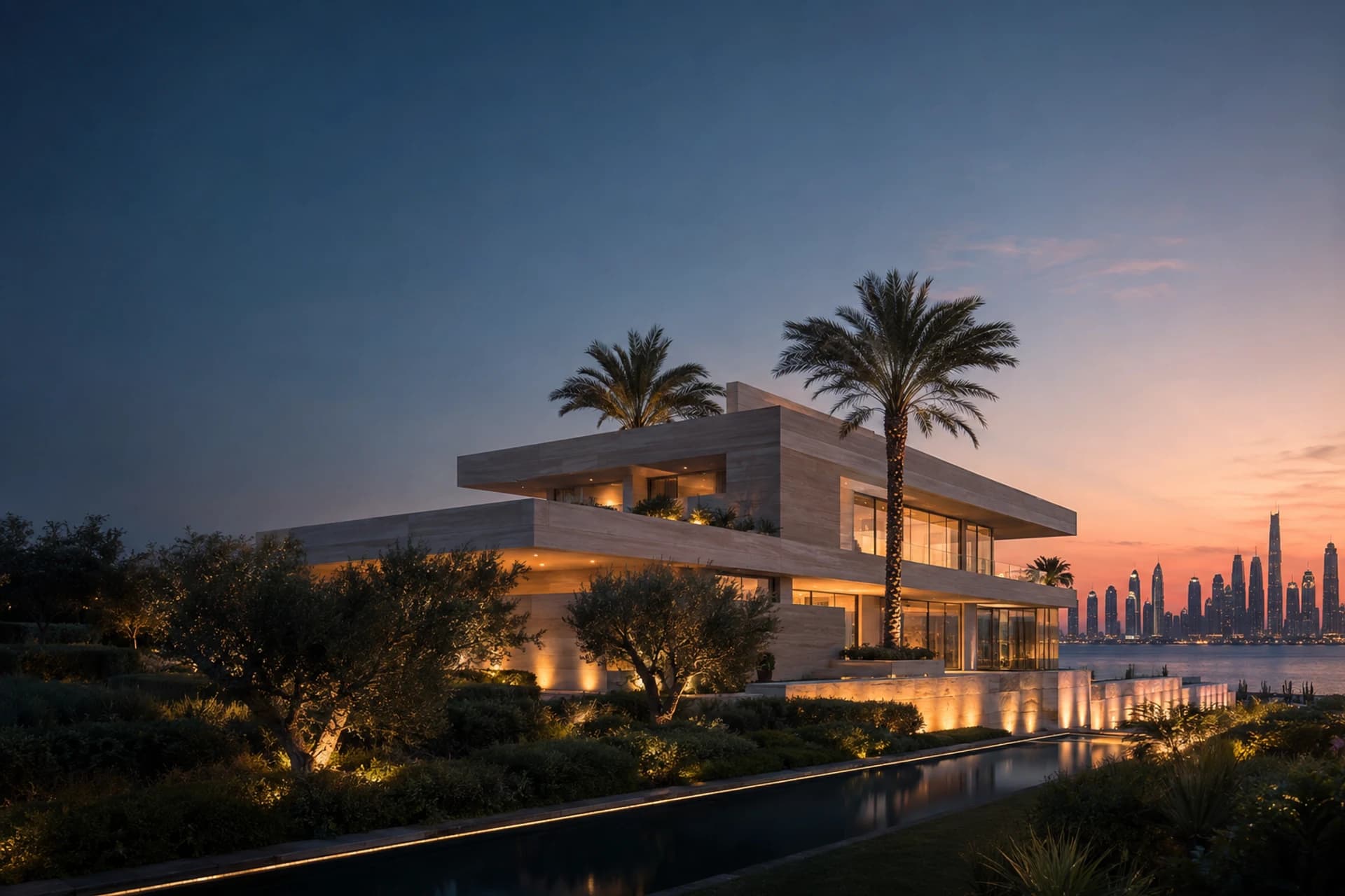 Illustrative waterfront villa and Dubai skyline at dusk